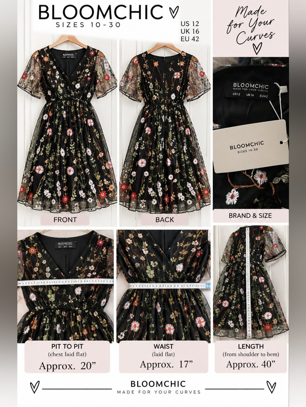 BloomChic                 Black Embroidered   Floral Midi Dress - Picture 3 of 3